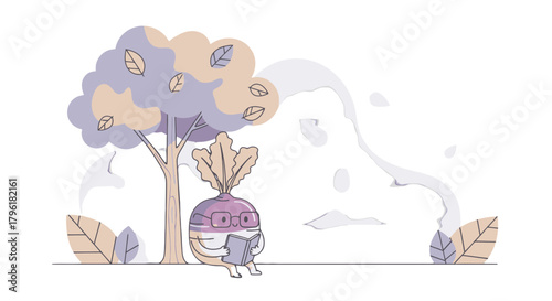A Whimsical Cartoon Character Reading A Book Under A Pastel-Colored Tree Scene