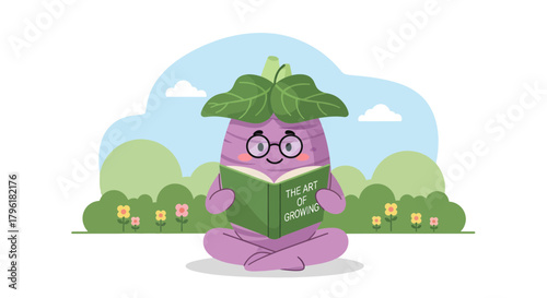 A Whimsical Eggplant Reading About The Art Of Cultivation and Botanical Knowledge