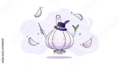 A Whimsical Garlic Wizard Casts Spells With Cloves In A Magical, Enchanted Design