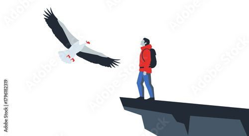 A Person Meets An Eagle On The Edge Of A Cliff, An Illustration In Color