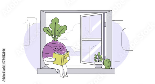 A Whimsical Turnip Character Enjoying A Book By An Open Window In Vibrant Illustration