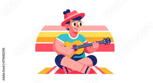 A Person Plays Acoustic Guitar Wearing A Hat, Musical Instrument And Colorful Background