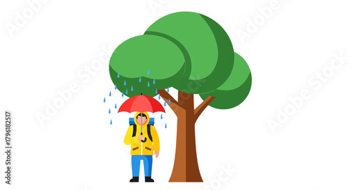 A Person Seeking Shelter Under A Tree During A Downpour Cartoon Illustration