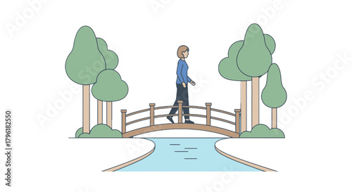 A Person Strolls Across The Wooden Bridge Among Trees And A River Under a Sky of Darkness