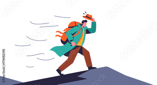 A Person Walks Uphill With Strong Wind Holding Their Hat In A Colorful Illustration