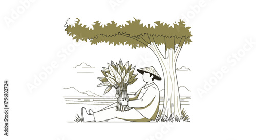 A Person with Harvest Resting Beneath a Shaded Tree With Peaceful Scenery