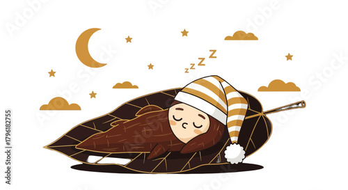 A Personified Sleepy Creature Snuggled on the Leaf at Night Under Moon and Stars