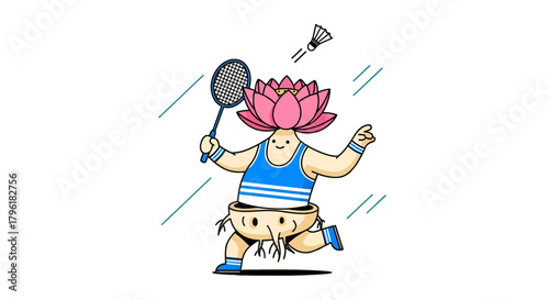 A Playful Lotus Flower Character Plays Badminton Sport With A Cheerful Vibe