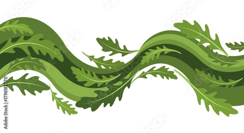 Abstract Swirling Illustration of Arugula Leaves in Green Tones Against Black Background