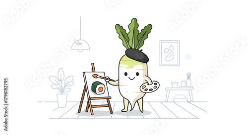A Radish Artist Enthusiastically Painting Sushi, A Whimsical, Delightful Illustration