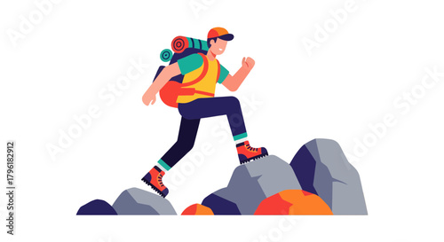 Adventurer Ascending Mountains: A Colorful Illustration of Hiking and Outdoor Exploration