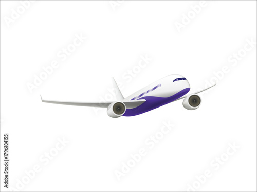 white and purple airplane flying against a plain white background in a side view
