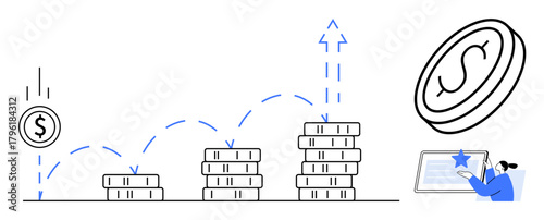 Stacks of coins increase in size with upward arrow, coin bounce trajectory, and tablet with user and star. Ideal for finance, investment, savings, success, progress planning and achievement. Simple