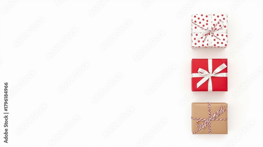 Fototapeta premium Three decorated Christmas gift boxes arranged vertically on a clean white background.