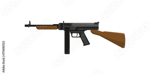 tommy gun style weapon with a brown stock and a black receiver on white background