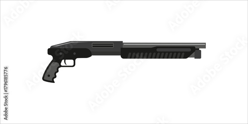 black pump action shotgun with a pistol grip on white background