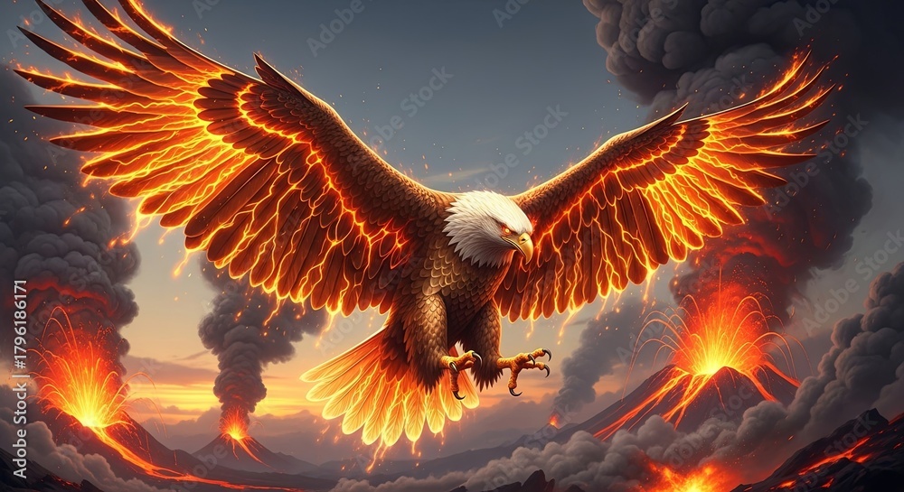 Obraz premium Majestic Eagle Soars Above Fiery Volcano Eruption.