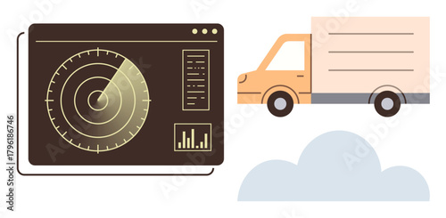 Radar screen monitoring data alongside a delivery truck under a cloud. Ideal for logistics, tracking, transportation, monitoring, technology, supply chain, and shipping management. Clean flat