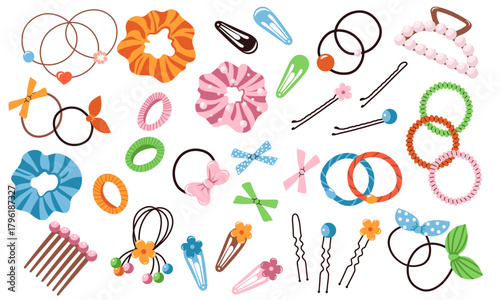 Hair scrunchies accessories set. Hairbands, beauty and fashion set. Hairdressing ribbon, equipment fashionable, rubber, hairdressing pin and clip, bands. Vector illustrations