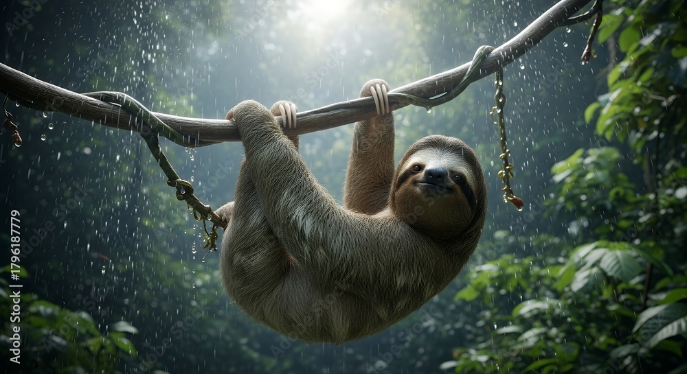 Naklejka premium Sloth Hanging from Tree Branch in Rainforest with Lush Green Foliage