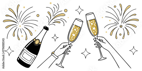 New Year's Eve Celebration on transparent Background. Champagne Toast. Holiday Party Cheers. Hands Holding Champagne Glasses on transparent Background. Festive Celebration Vector.