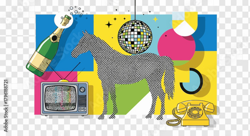Dynamic retro illustration featuring a horse, champagne, disco ball, and vintage tech