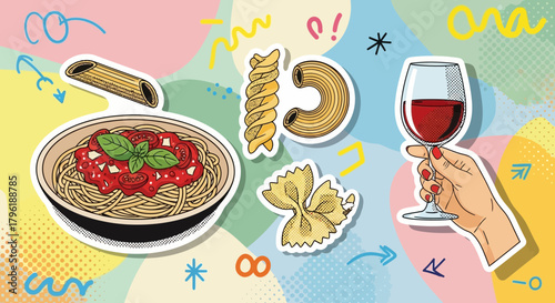 Whimsical pasta and wine illustration with abstract design, perfect for culinary themes