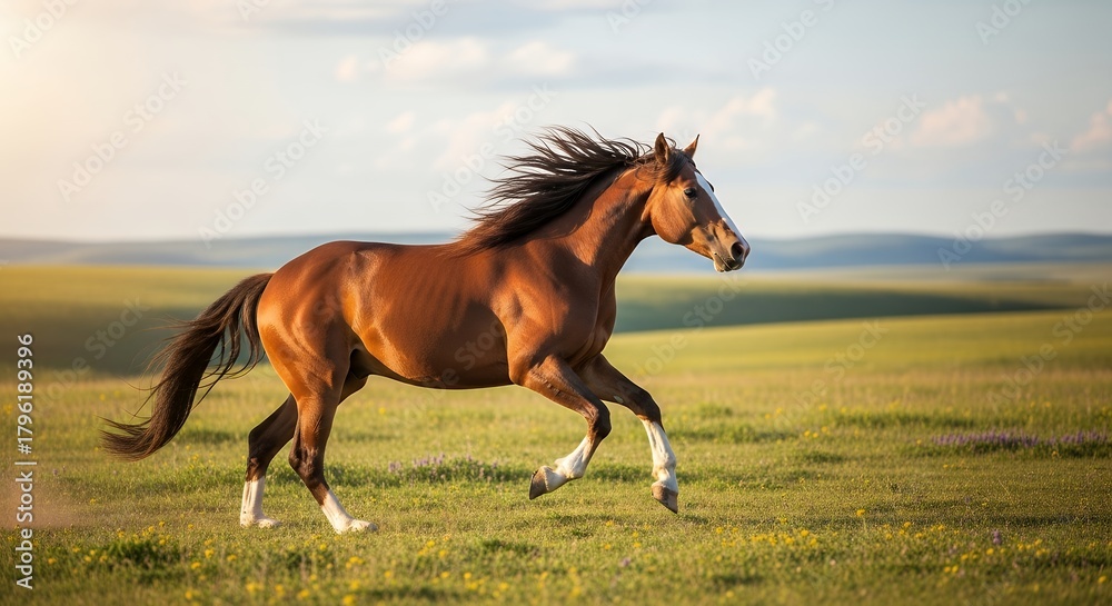 Fototapeta premium Brown Horse Running in Open Grassland on Sunny Day