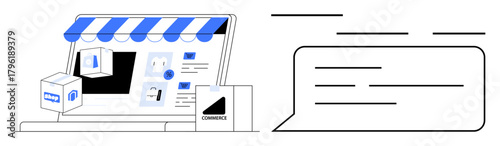 Laptop with storefront awning, shopping icons, boxes, transaction details, and speech bubble dialogue. Ideal for retail, e-commerce, communication, customer service business marketing online