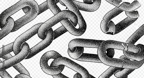 Monochrome Seamless Chain Pattern with Detailed Stippling Texture on Transparent Backdrop