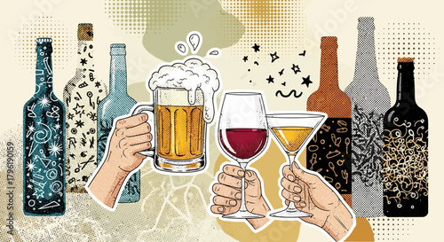 Festive alcoholic beverages illustration with bottles, wineglass, beer mug and cocktail