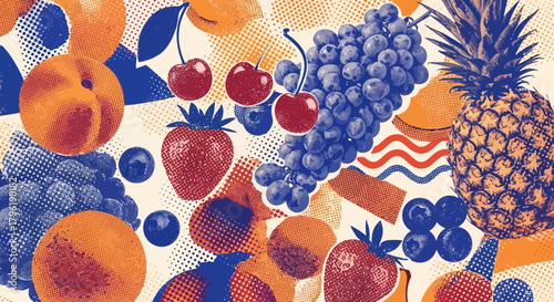 Retro pop art style illustration with various fruits and halftone patterns