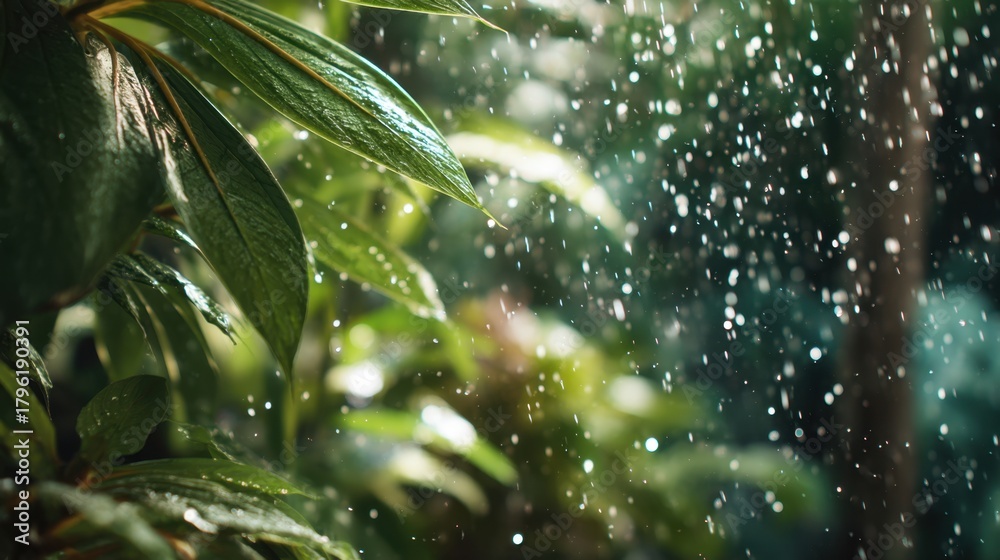 Obraz premium Close-up of Fresh Green Leaves in Rain with Glorious Sunlight Shining Through Drops of Water Creating a Vibrant and Tranquil Atmosphere
