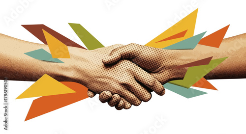 Artistic handshake illustration with colorful geometric shapes expressing trust