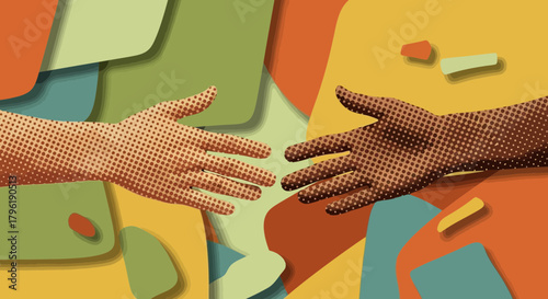 Illustration of diverse hands reaching out for connection in a retro style