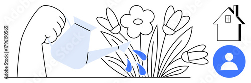 Arm holding watering can hydrating flowerbed with blooming flowers. Ideal for self-growth, gardening, creativity, sustainability, personal care, responsibility, community. Simple flat metaphor
