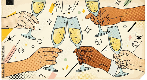 Vintage toast with champagne glasses, colorful graphic design and retro vibe