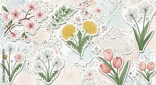 Watercolor sticker floral pattern with cherry blossom dandelion and tulip illustrations