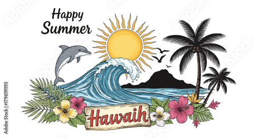 Vibrant summer vacation illustration featuring dolphin, wave, sun and tropical plants
