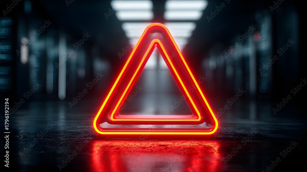 Fototapeta premium Glowing red triangular warning symbol illuminates a dark, futuristic hallway