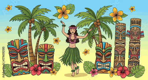 Exotic Hawaiian Luau with Hula Dancer, Tiki Statues, and Tropical Paradise Setting