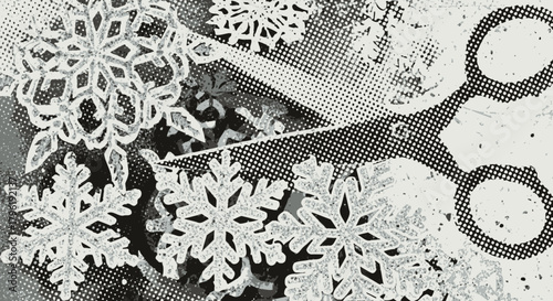 Monochrome holiday collage with snowflakes and halftone patterns overlaying abstract shapes
