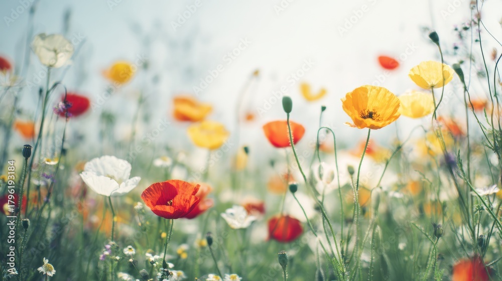 Obraz premium A serene view of flowers and poppy blooms in spring across a green meadow, glowing with warm sunlight and summer brightness, enhanced by gentle bokeh nature’s soft grass textures in a calm open field