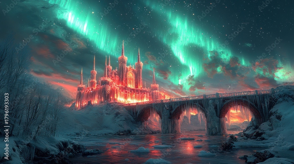 Fototapeta premium Frozen castle under aurora borealis. (1)