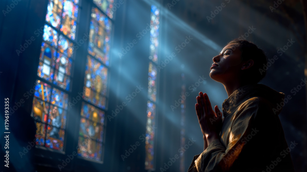 Obraz premium Praying in an ancient cathedral with beams of light shining through stained glass windows