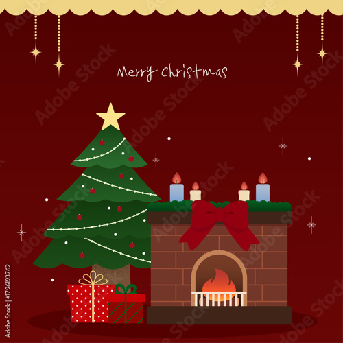 홀리데이 겨울 난로와 트리 일러스트
