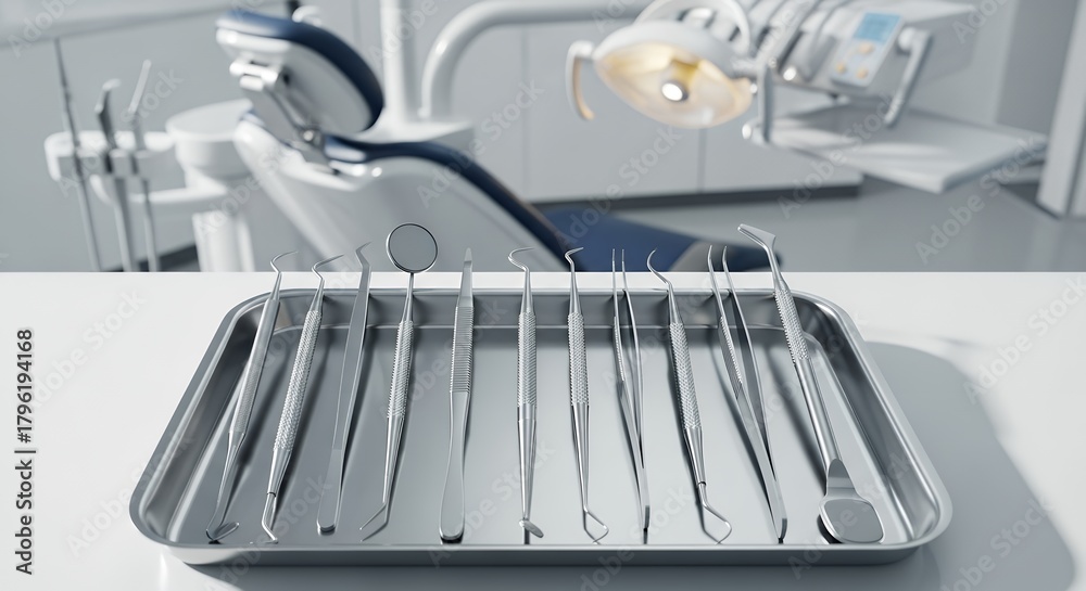 Fototapeta premium Sterilized Dental Instruments on Metal Tray in Modern Dental Clinic