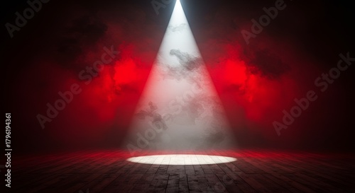 Bright spotlight beam illuminates the scene with red smoky atmosphere on wood floor
