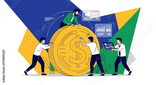 Business Team Collaborates on Large Coin, Symbolizing Financial Growth and Investment Strategy