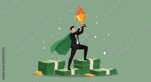 Successful businessman standing on a pile of money holding a trophy with a flame on top, symbolizing achievement and wealth